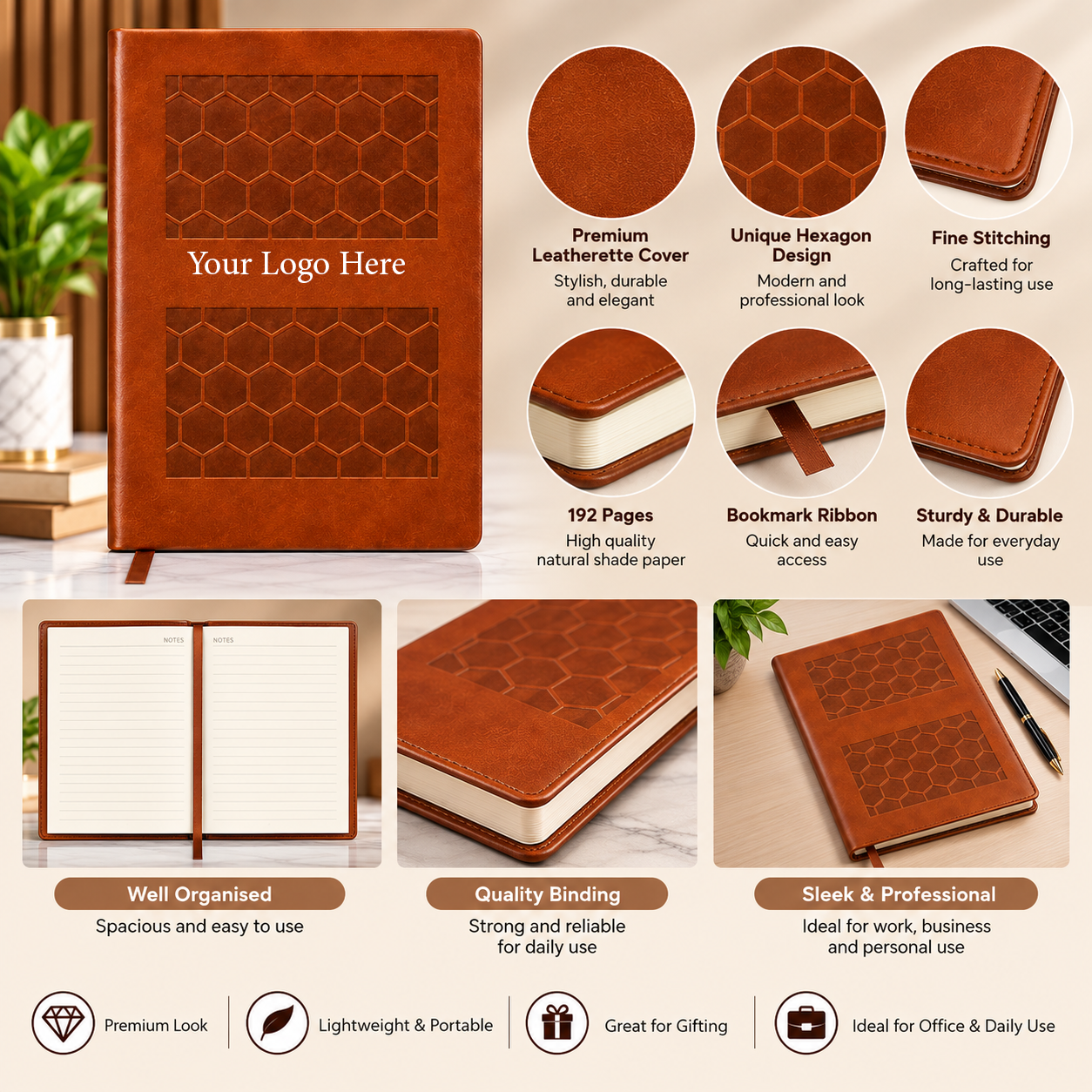 Premium Hexagon Design Leatherette Corporate Notebook | Custom Logo Executive Diary – 192 Pages - Image 2