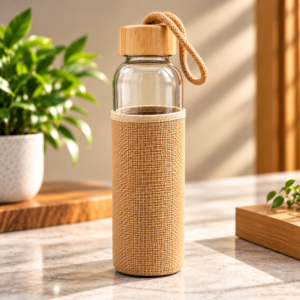 Eco-Friendly Borosilicate Glass Water Bottle with Bamboo Lid & Jute Sleeve – Customized Corporate Gift
