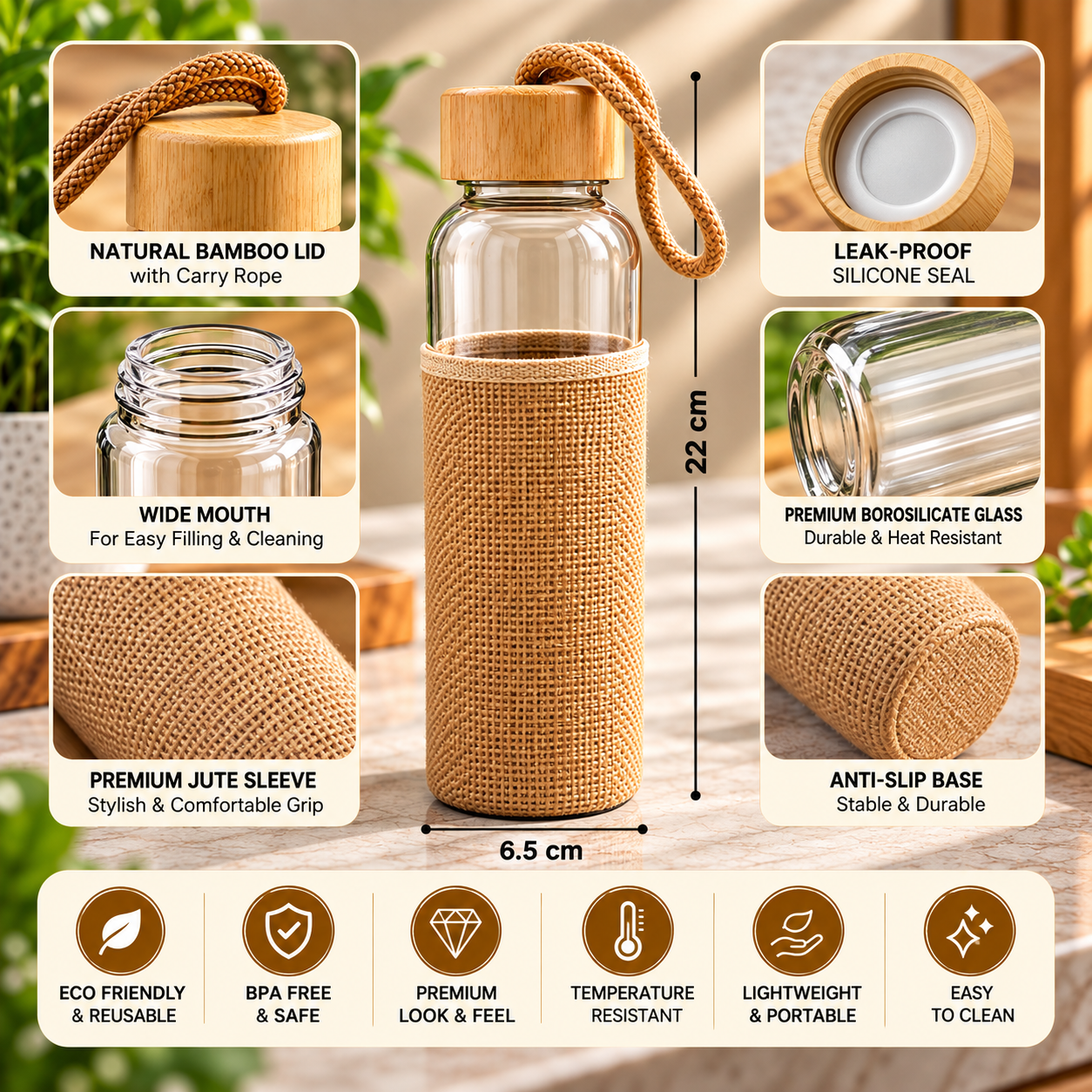 Eco-Friendly Borosilicate Glass Water Bottle with Bamboo Lid & Jute Sleeve – Customized Corporate Gift - Image 2