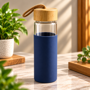 Premium Borosilicate Glass Water Bottle with Bamboo Lid & Silicone Sleeve – Corporate Gift Bottle