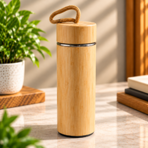 Premium Bamboo Finish Stainless Steel Vacuum Flask Bottle with Carry Handle – Corporate Gift