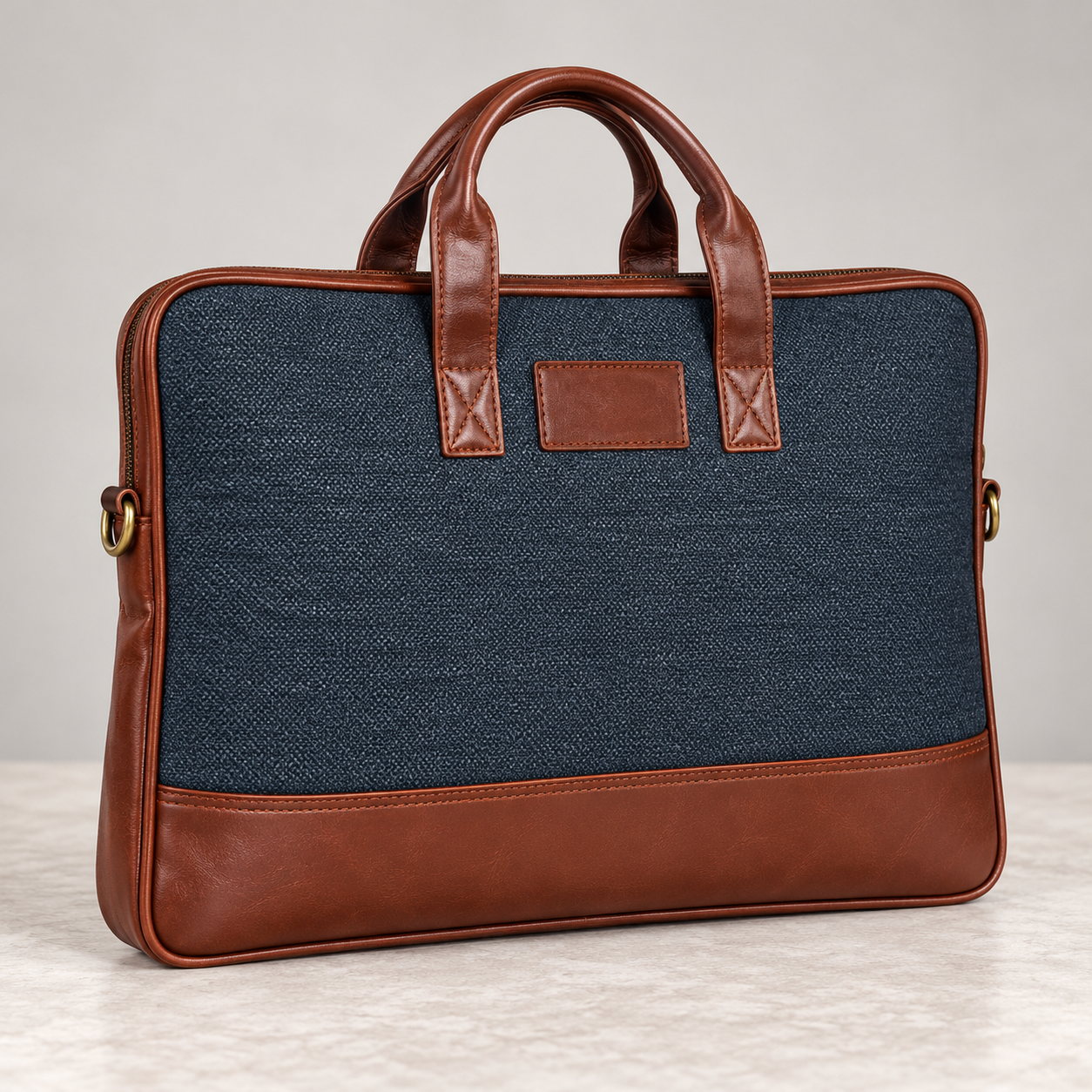 Navy Blue Executive Office Bag with Brown Contrast Trim