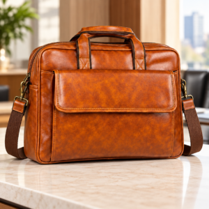 Cognac Tan Executive Office Briefcase with Front Flap Pocket