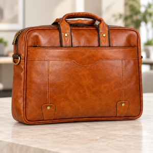 Cognac Brown Executive Office Briefcase with Front Storage Pocket
