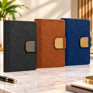 Premium Executive Diary with Metallic Strap Detail – Black, Tan & Blue