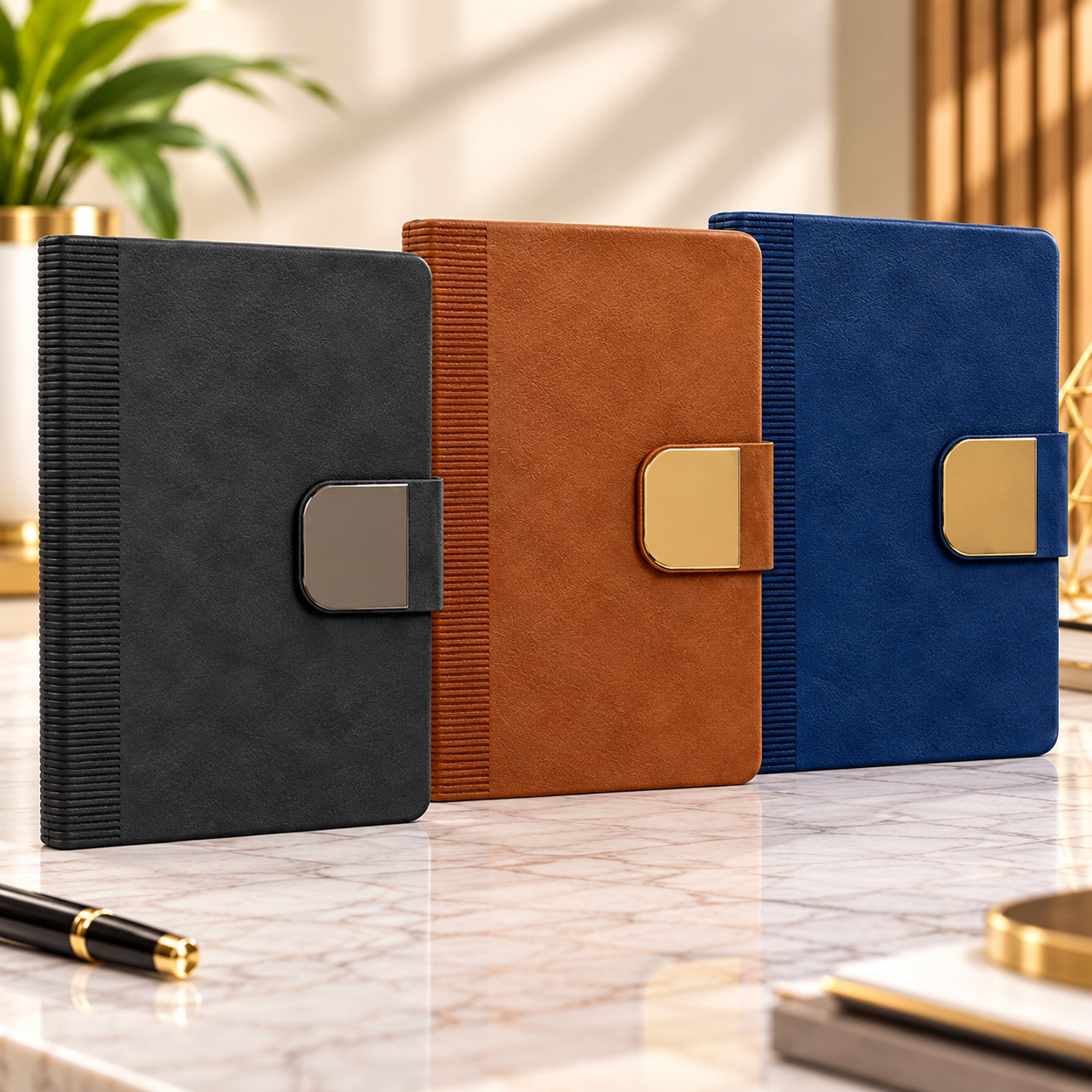 Premium Executive Diary with Metallic Strap Detail – Black, Tan & Blue
