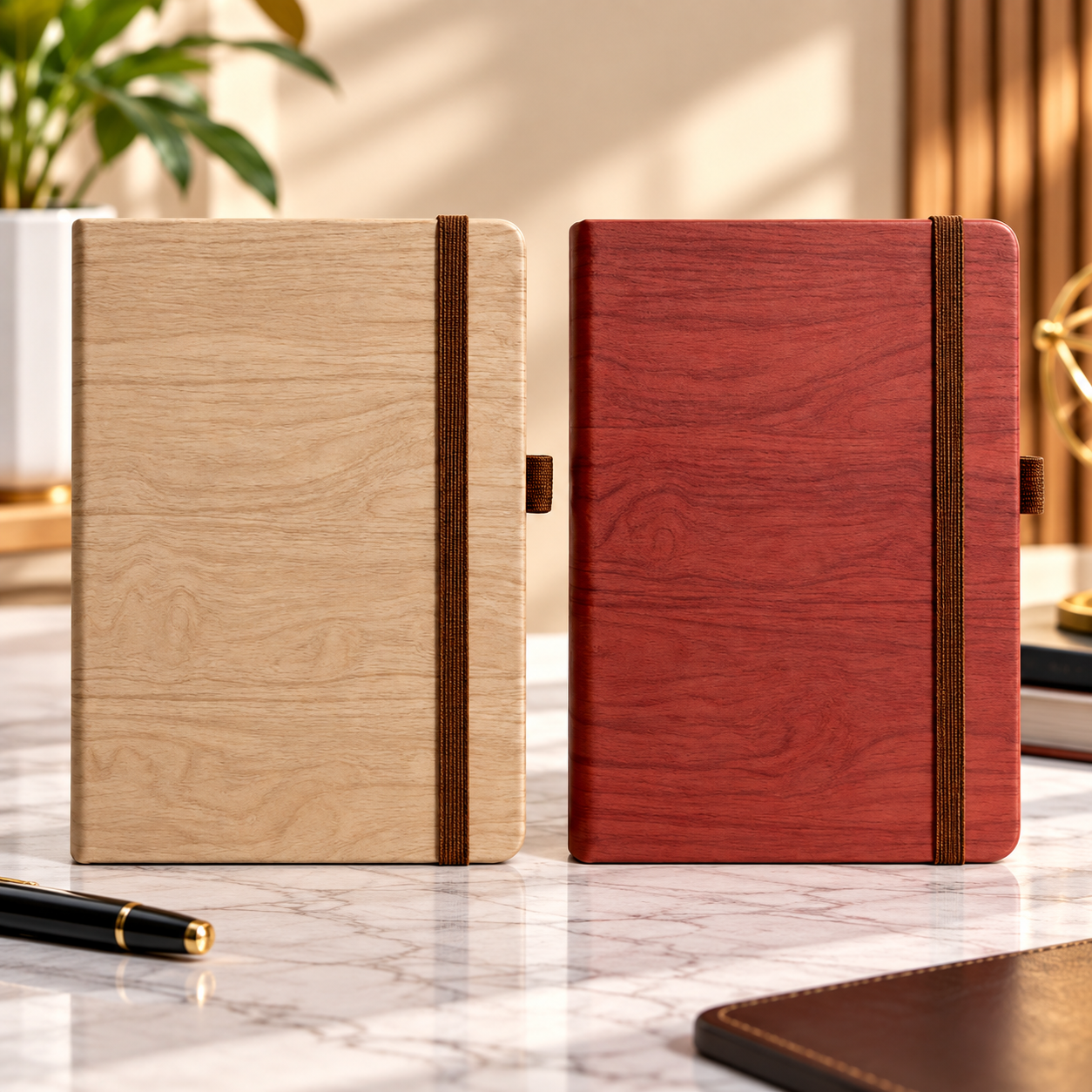 Premium Wood-Texture Corporate Diary with Elastic Closure & Pen Holder