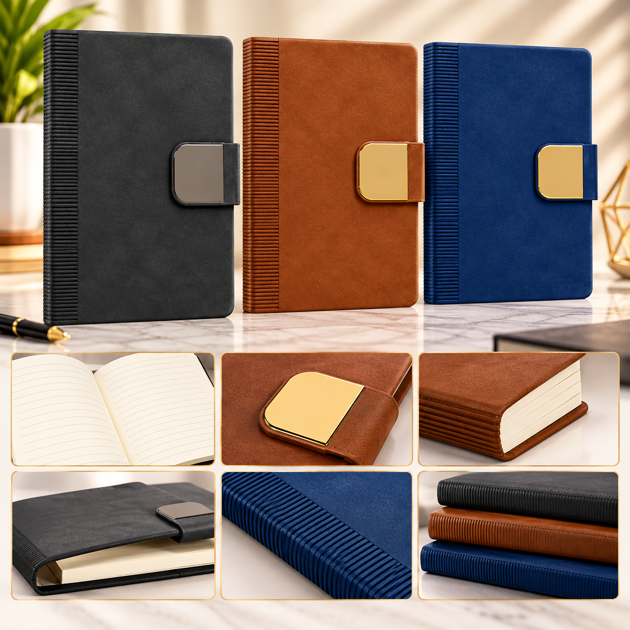 Premium Executive Diary with Metallic Strap Detail – Black, Tan & Blue - Image 2