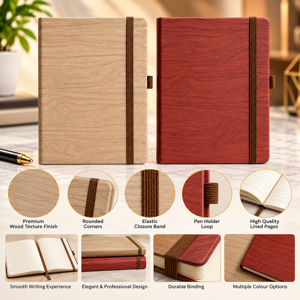 Premium Wood-Texture Corporate Diary with Elastic Closure & Pen Holder - Image 2