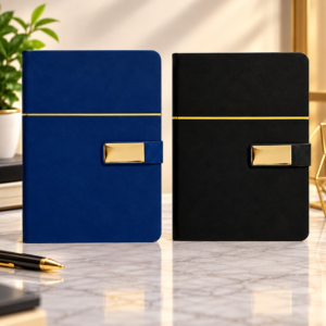 Premium Executive Diary with Gold-Tone Strap Accent – Blue & Black
