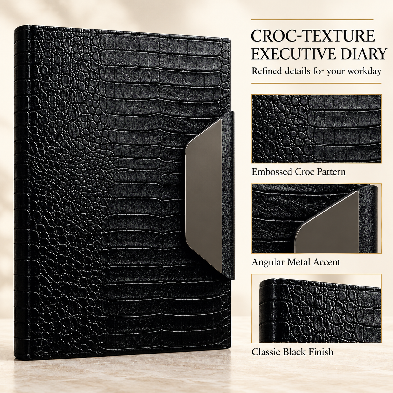 Black Croc-Texture Executive Diary with Metal Accent – Corporate Gift - Image 2