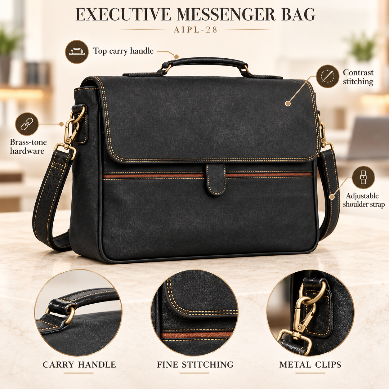Black Executive Messenger Office Bag with Adjustable Shoulder Strap – AIPL-28 - Image 3