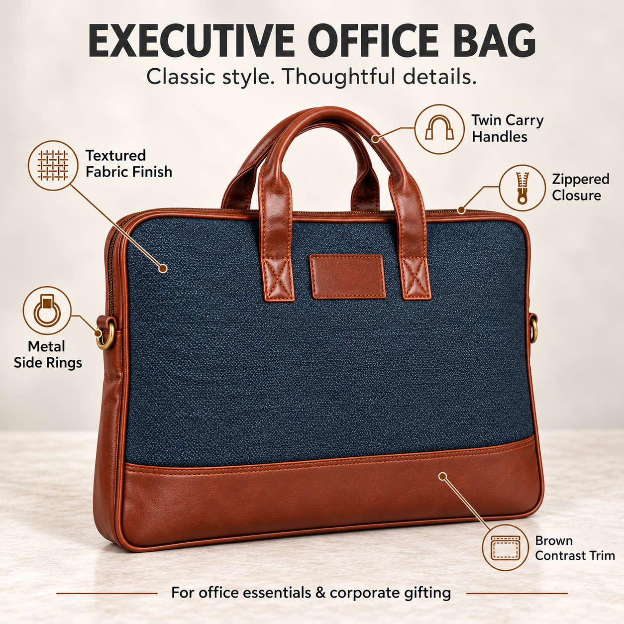Navy Blue Executive Office Bag with Brown Contrast Trim - Image 2