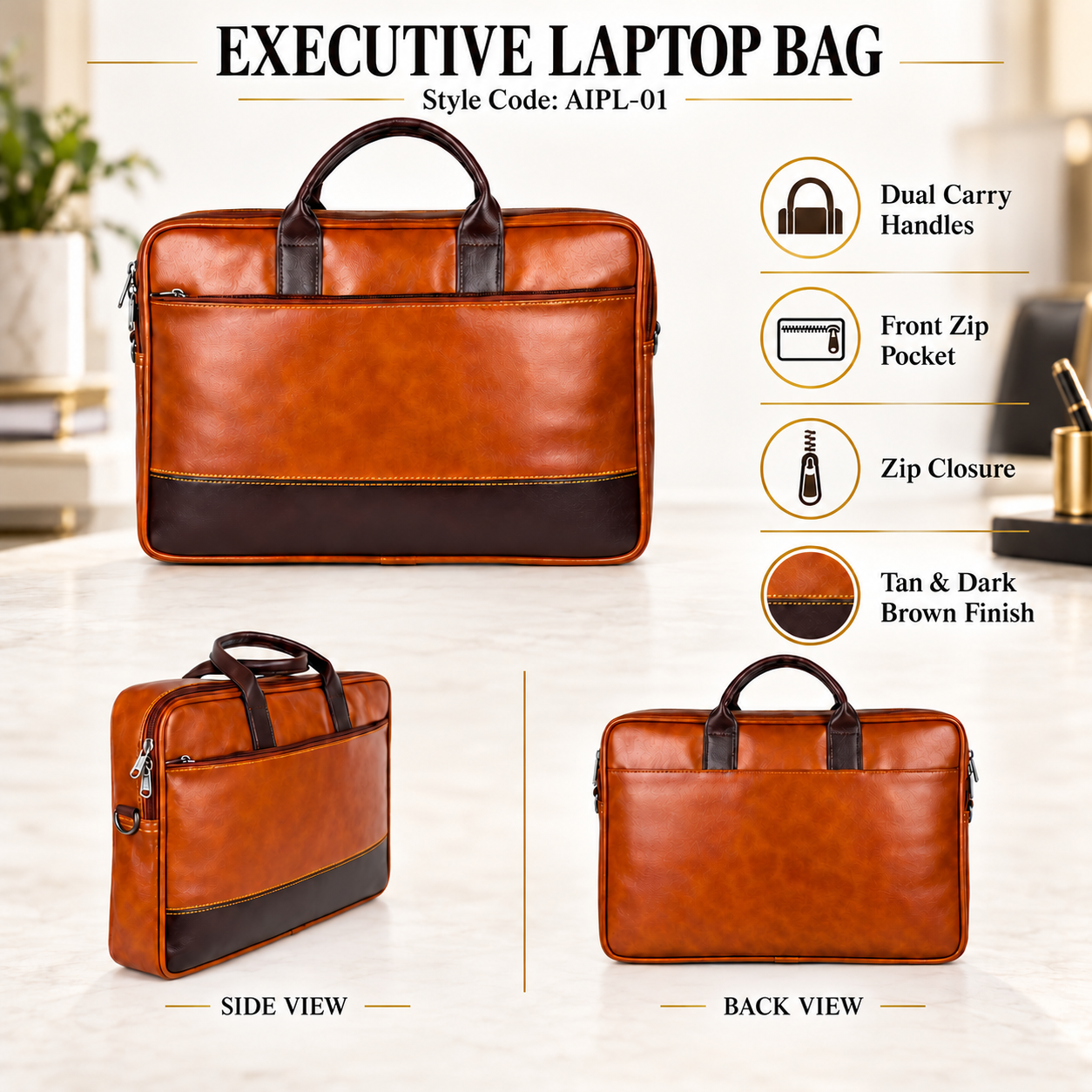 Executive Laptop Bag for Corporate Gifting – Tan & Dark Brown | AIPL-01 - Image 2