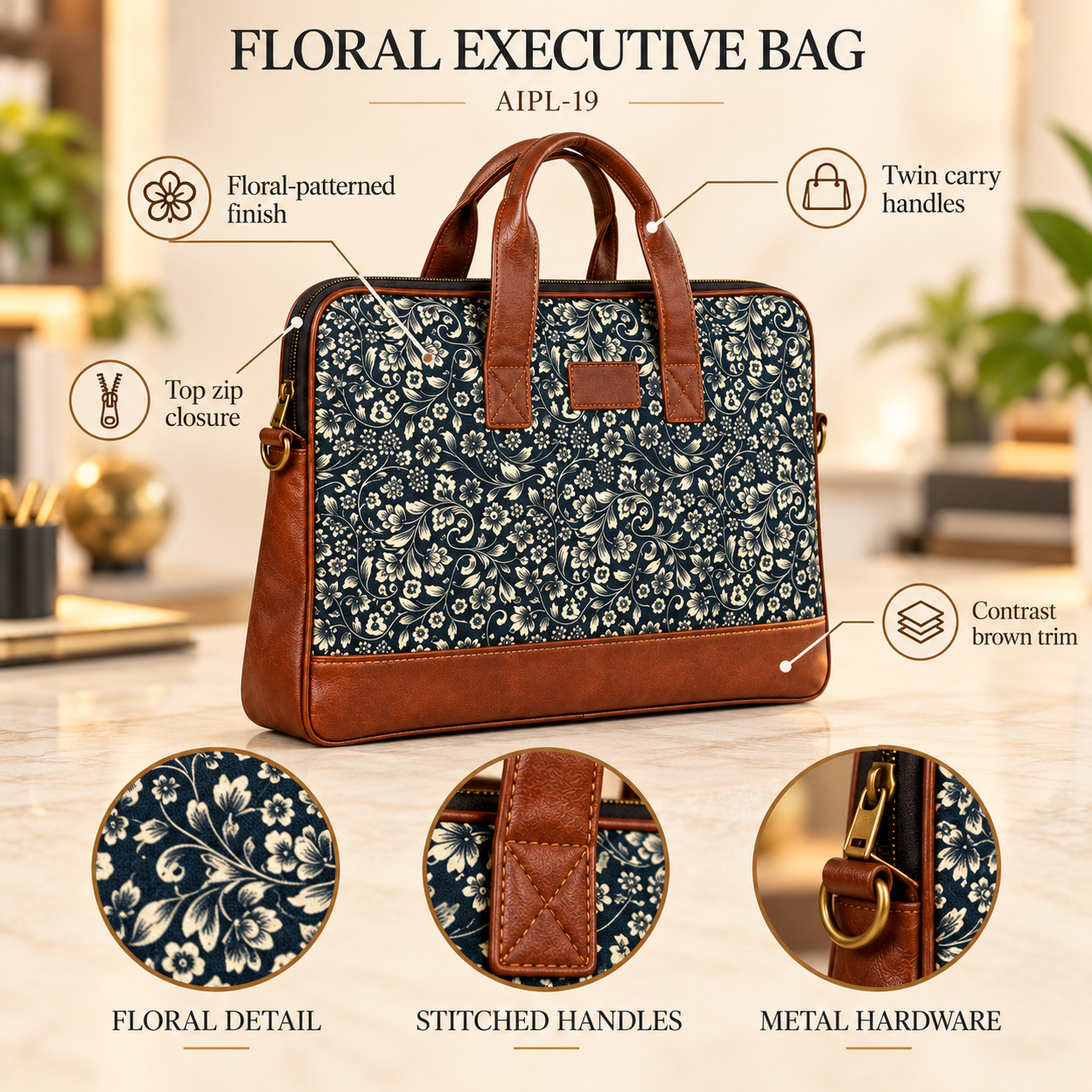 Floral Executive Office Bag with Brown Trim – AIPL-19 - Image 2