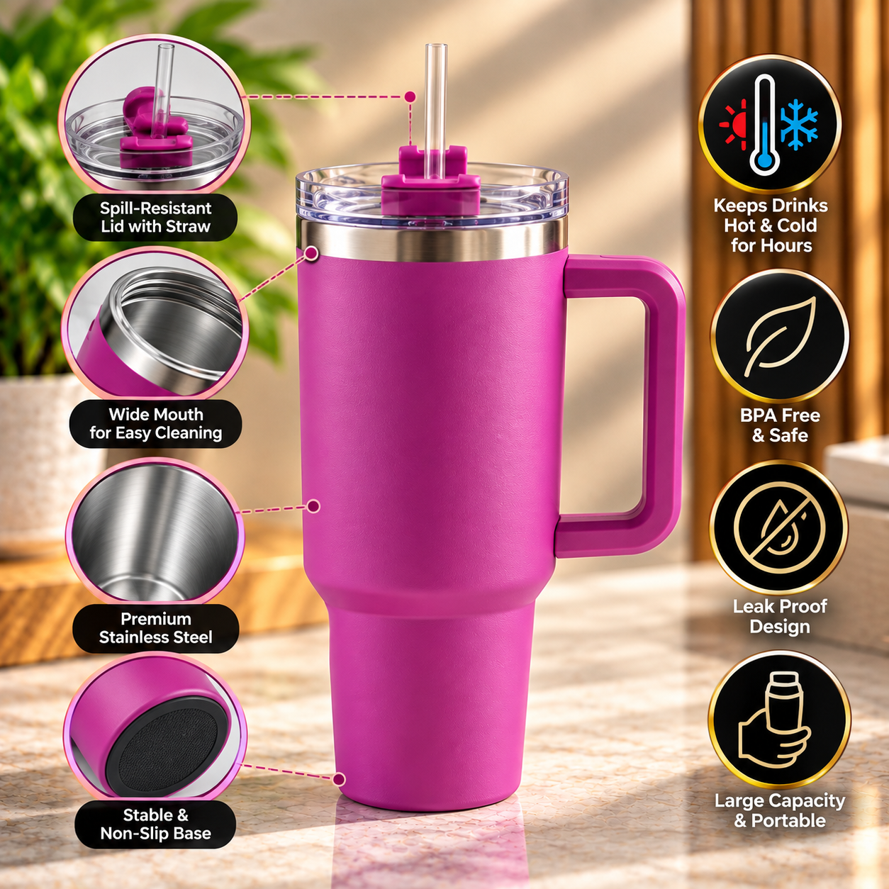 Premium Stainless Steel Travel Tumbler with Handle & Straw – Large Capacity Corporate Gift Sipper - Image 2