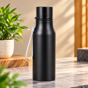 Premium 304 Stainless Steel Vacuum Flask with Carry Strap – Matte Black Corporate Gift Bottle