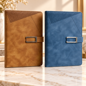 Premium Executive Diary with Metal Clasp – Tan & Blue Corporate Gift