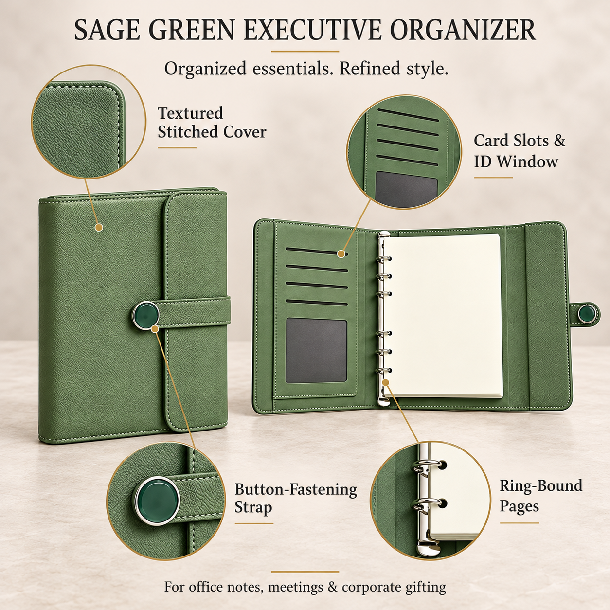 Premium Sage Green Executive Organizer Diary with Ring Binder & Card Slots - Image 2