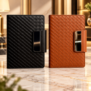 Woven-Texture Executive Corporate Diary with Metal Accent Flap – Black & Tan